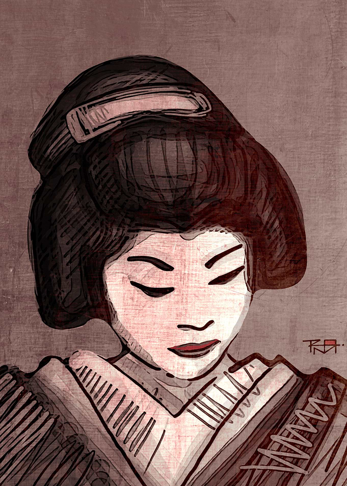 Hand drawn illustration or drawing of a japanese geisha ...