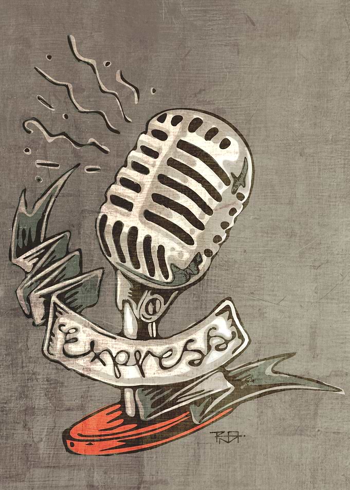 Hand drawn illustration or drawing of a retro microphon ...