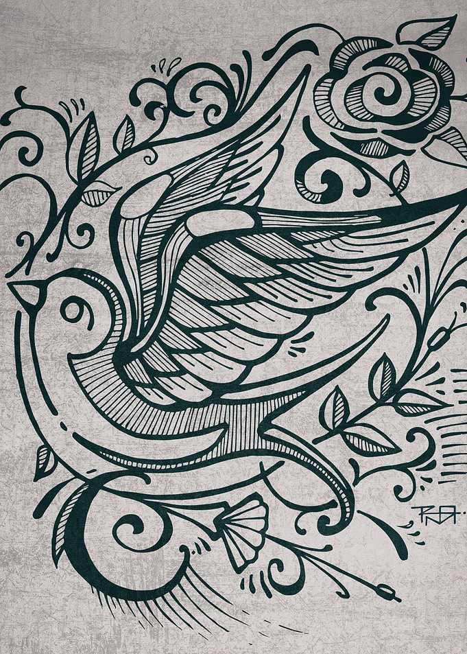 Hand drawn illustration or drawing of a swallw bird and ...