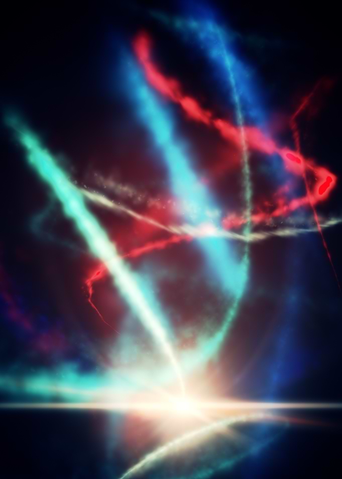 a red smoke trail spirals around a blue arc as they ris ...