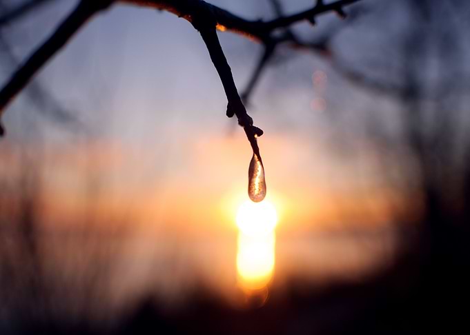 a single droplet of water hangs in front of a beautiful ...