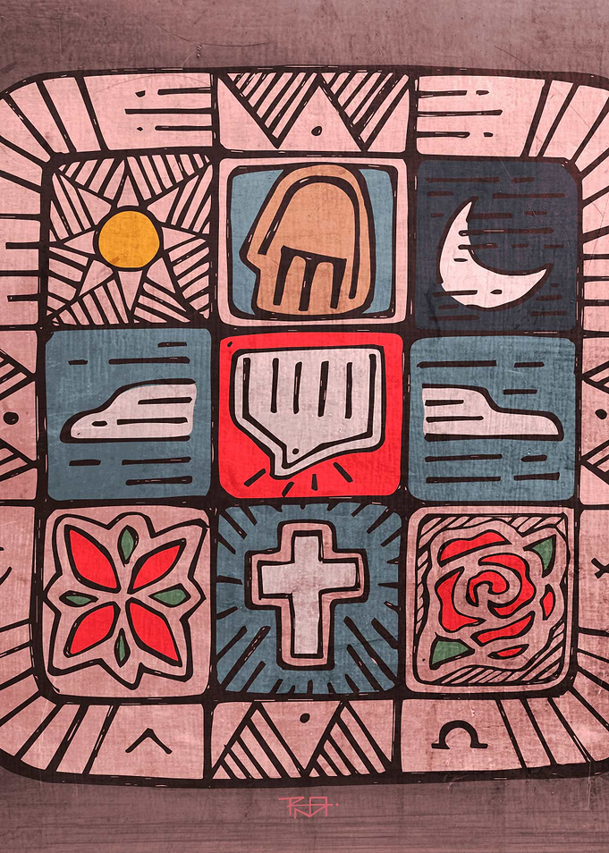 Hand drawn illustration or drawing of a mosaic with rel ...