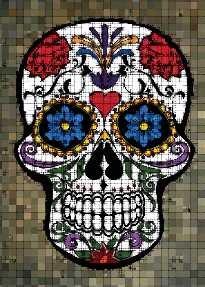 Graphic of a skull with flowers and a lot of squares... ...