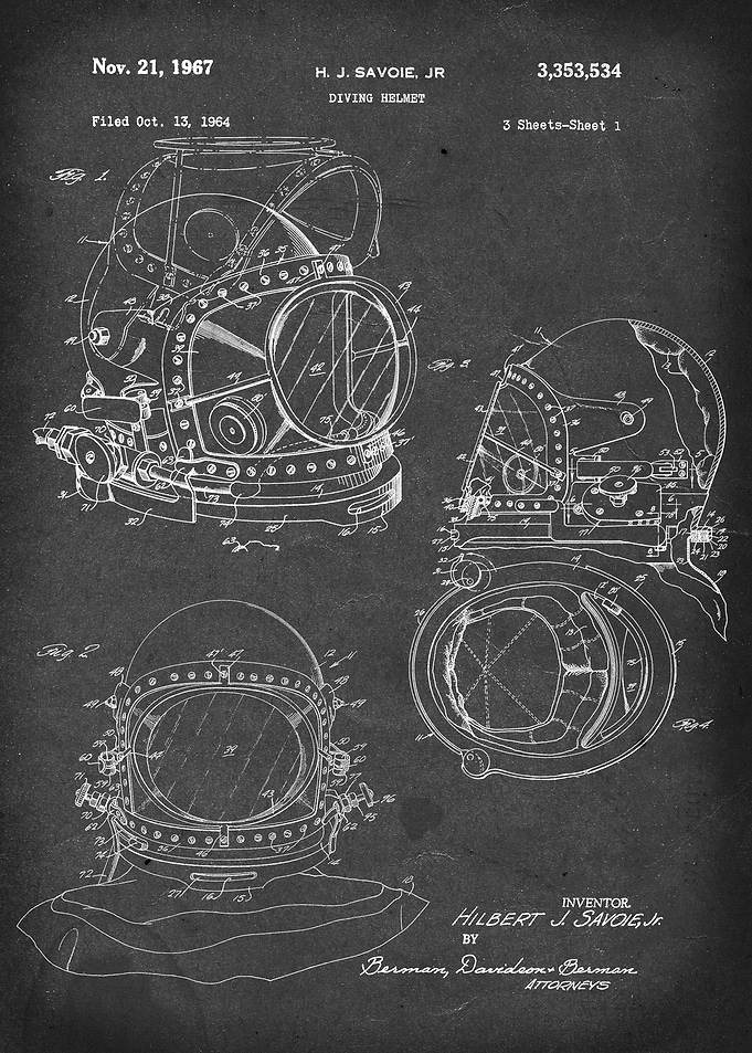 Diving Helmet - Patent #3,353,534 by H.J. Savoie Jr. - ...