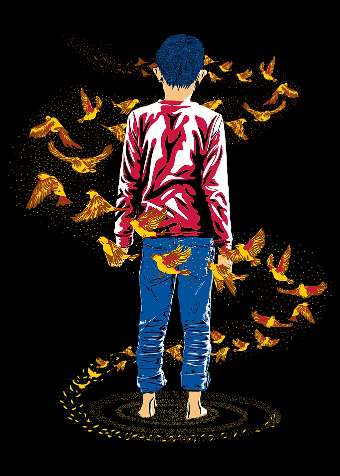 The birds flew around him
