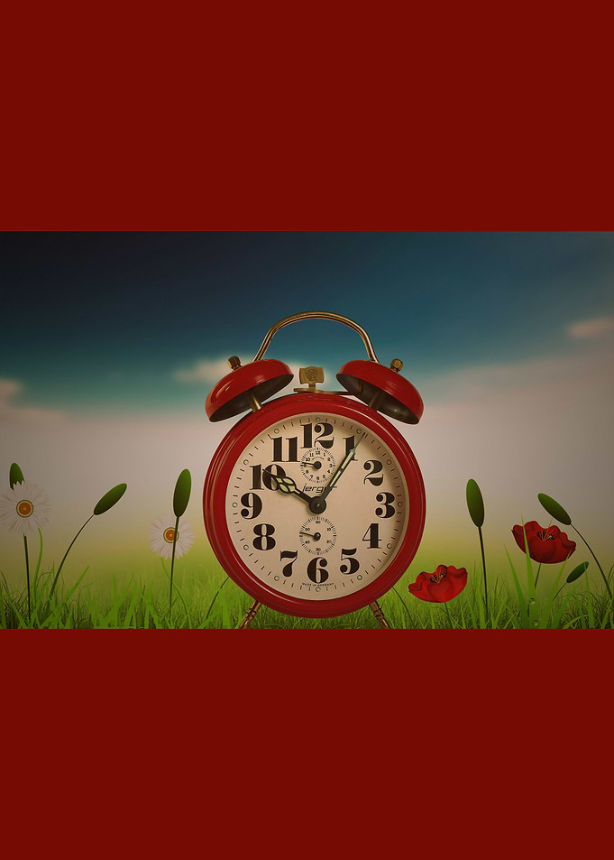 Colourful red clock sitting among flowers set against r ...