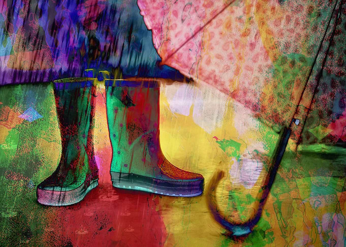 FUN ARTWORK OF WELLINGTON BOOTS AND UMBRELLA. LOVELY LI ...