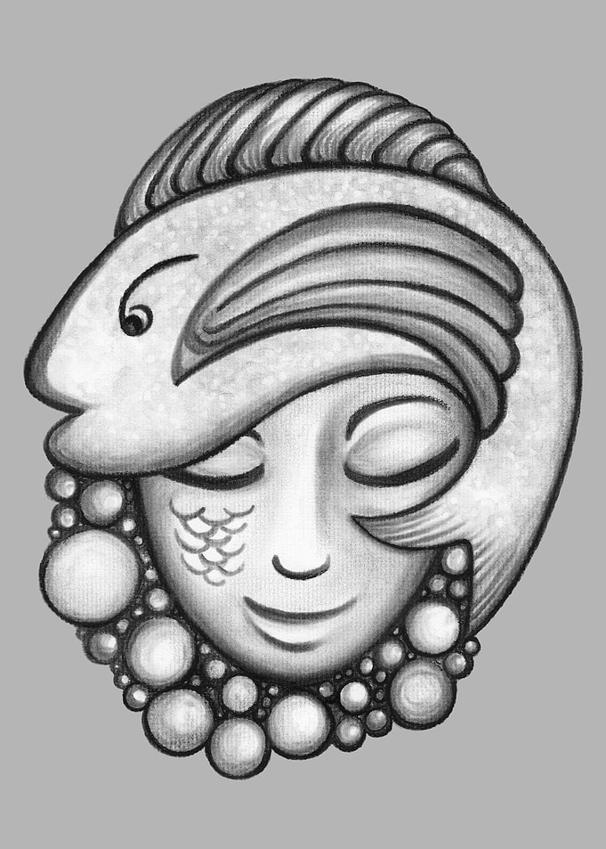 Fish Hat - charcoal drawing