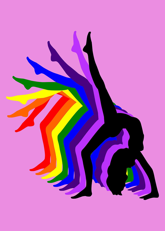 Silhouette of a sexy naked gymnast doing a handstand wh ...