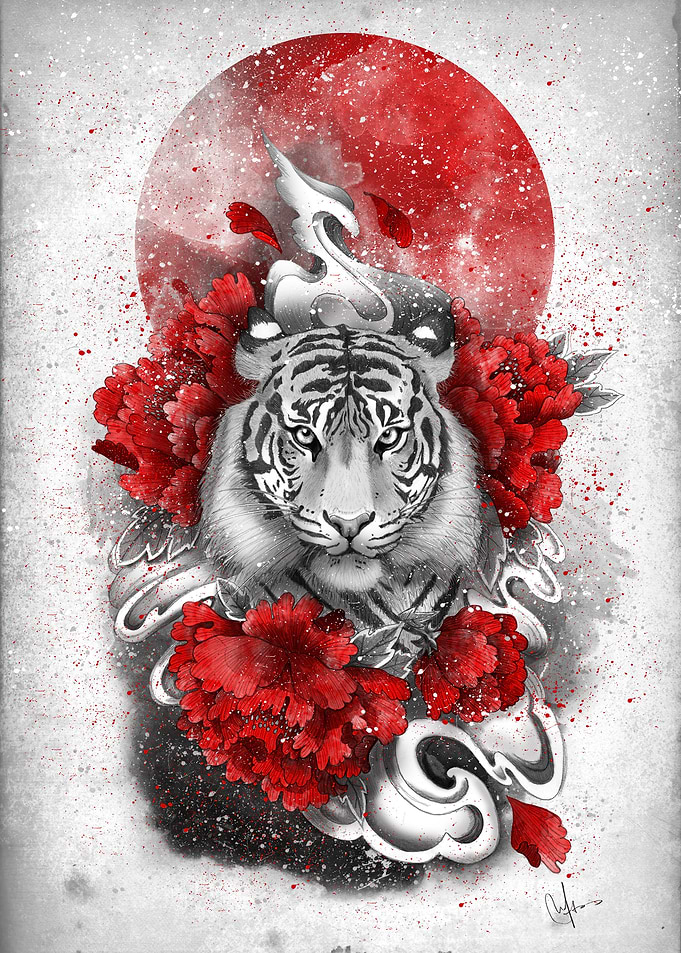 White tiger, red sun