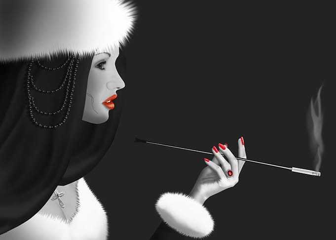 Beautiful woman in fur with cigarette. Black and White ...