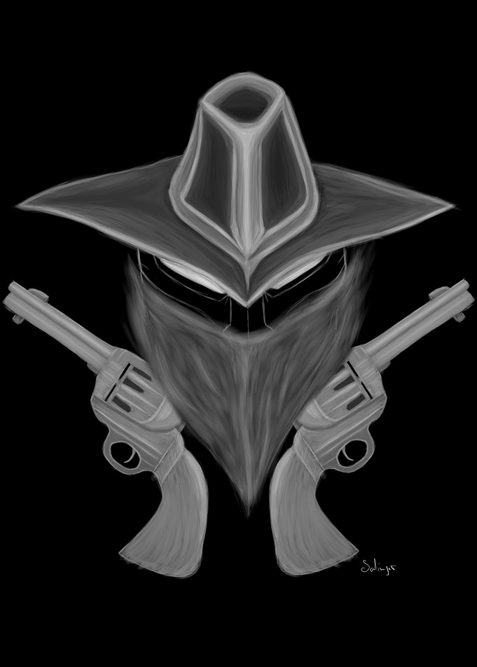 The bad ass cowboy. Dark art painting in black and whit ...