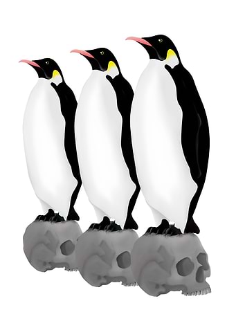Three Emperor Penguins standing guard on human skulls. ...
