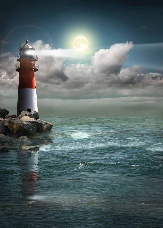 Lighthouse at night under the moonlight. Mystery and ma ...