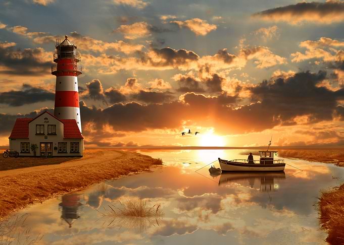 A red and white lighthouse with house on the coast at s ...