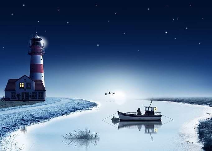 Starry sky above the lake in winter. A fisherman in the ...