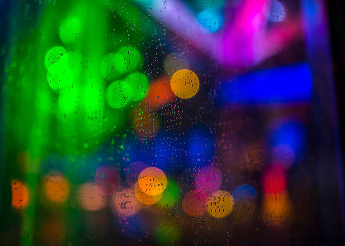 Colourful bokeh in the rain. Montreal, Quebec, Canada. ...