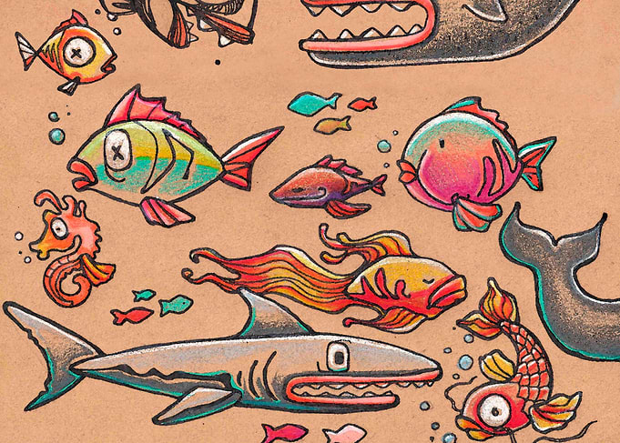 Hand drawn illustration or drawing of some sea animals