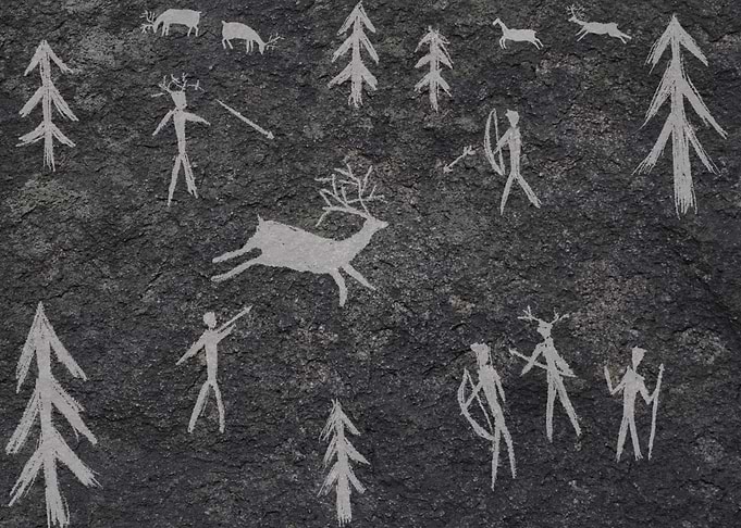 Prehistoric deer hunting scene white