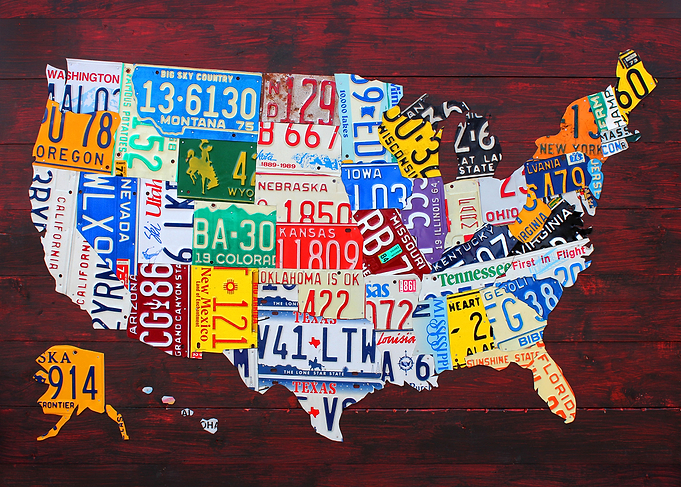 License Plate Map of the United States on Wood Planks b ...