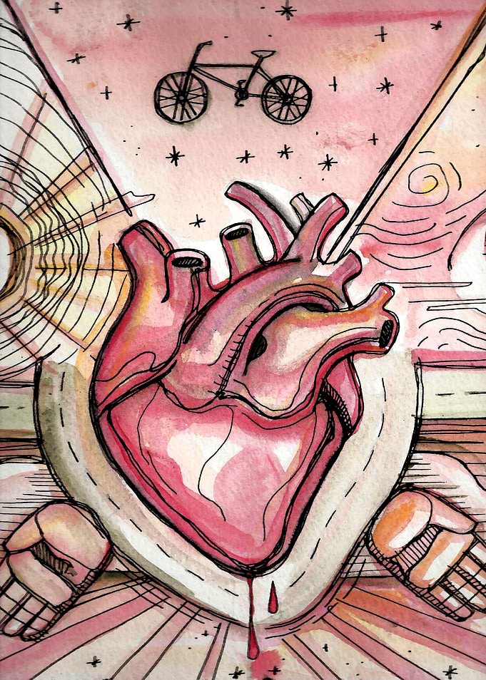 Hand drawn watercolor illustration of a human heart, a ...
