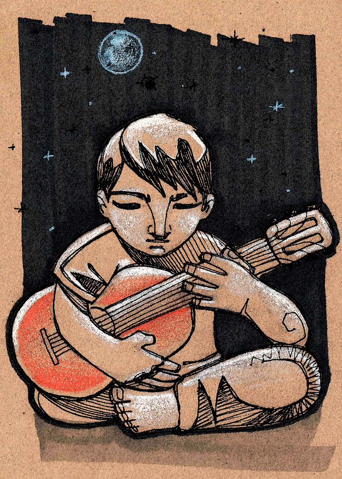 Hand drawn illustration or drawing of a man playing his ...