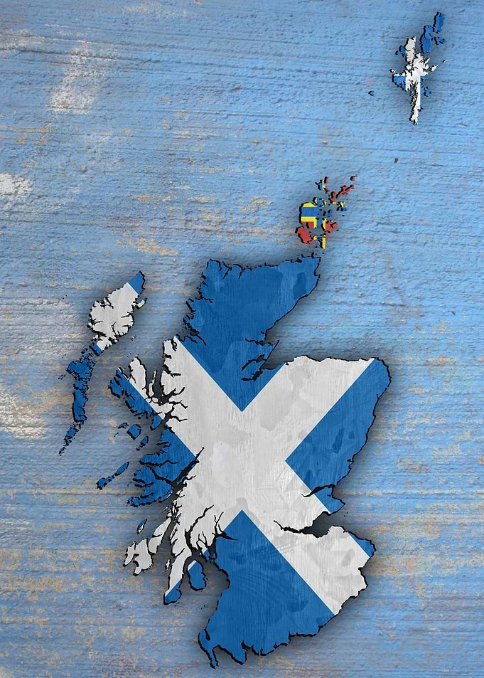 Map of Scotland & her islands with flags.