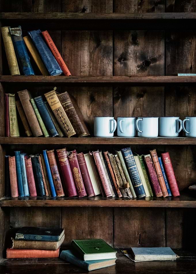 old books and cups in a wooden shelf