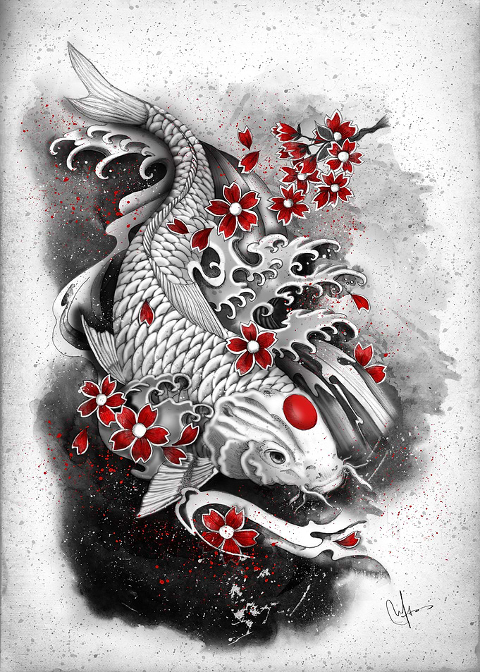 white koi and sakuras
