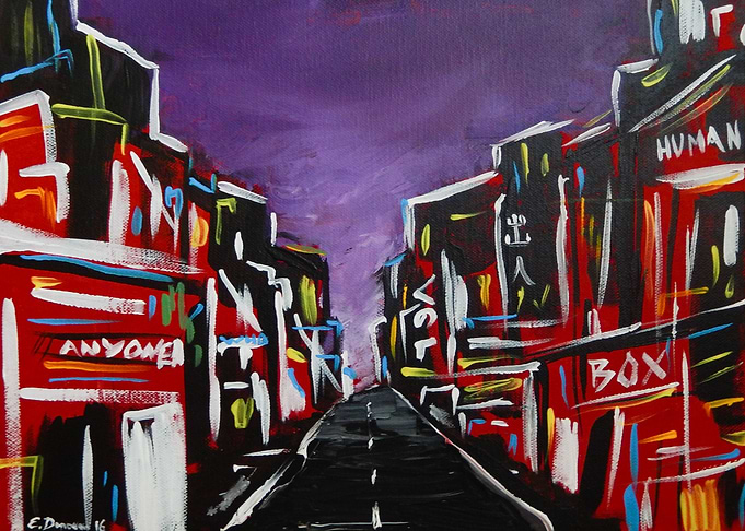 An abstract cityscape of a street in an Asian town at 3 ...