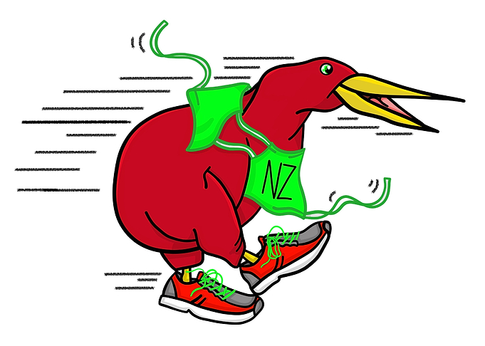 A cute, cartoon kiwi bird wearing running shoes.