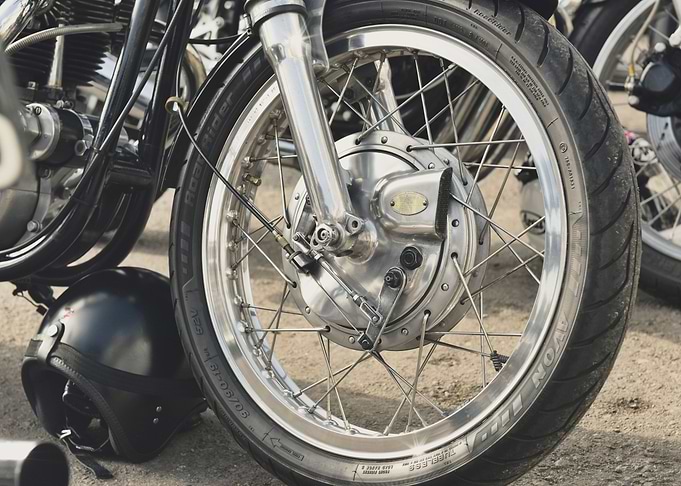 Close up of a front British cafe racer motorcycle