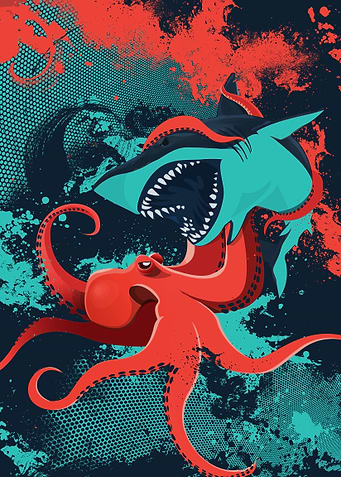 A digital illustration of an epic fight between a shark ...