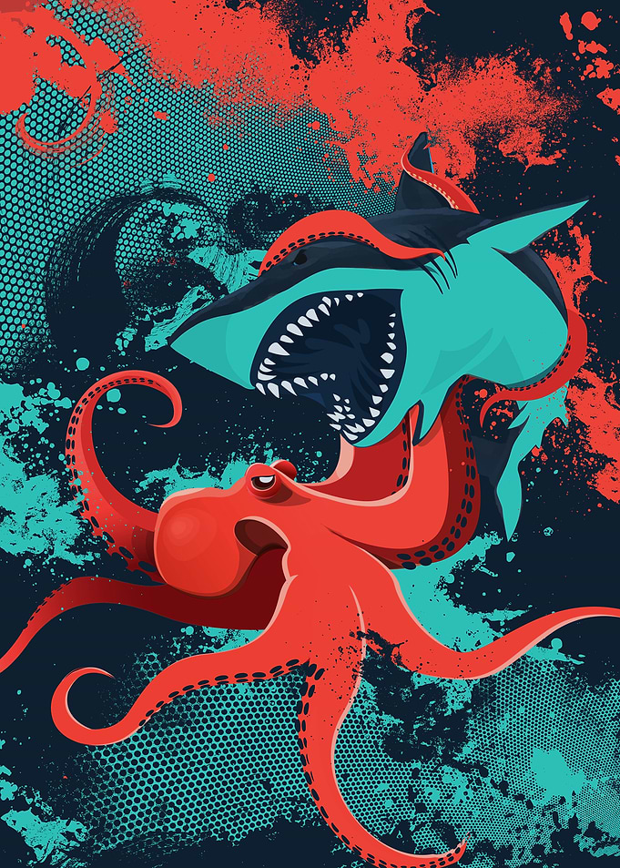 A digital illustration of an epic fight between a shark ...