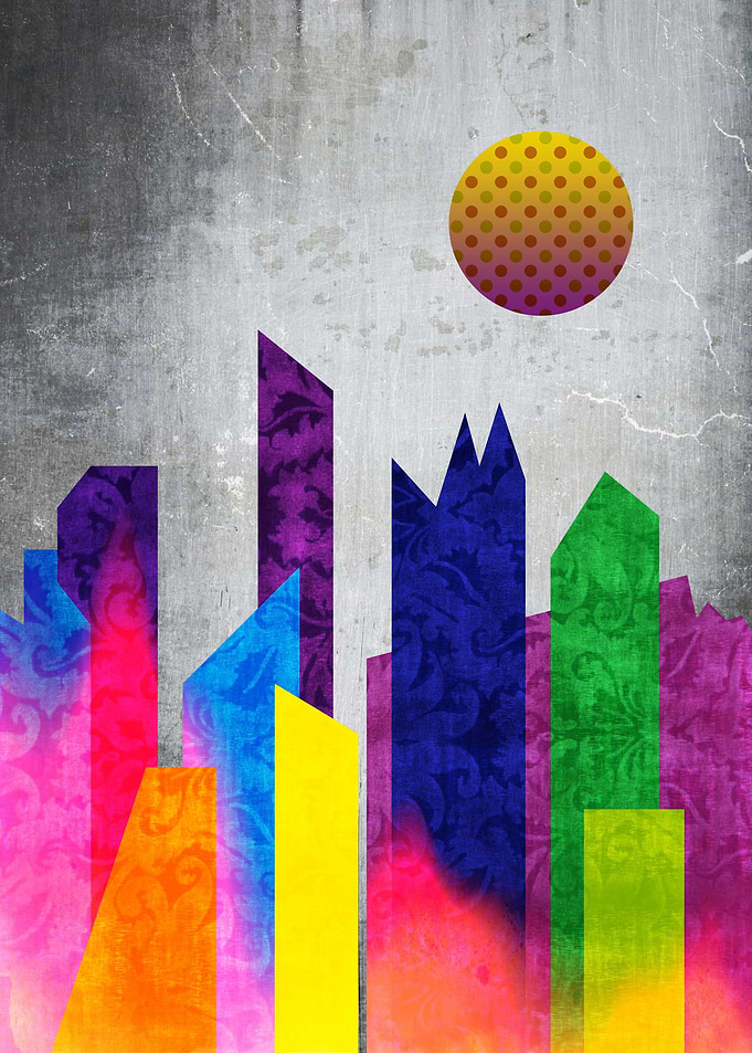 Summer Night City Colorful Trendy Flat Geometric Landsc ...