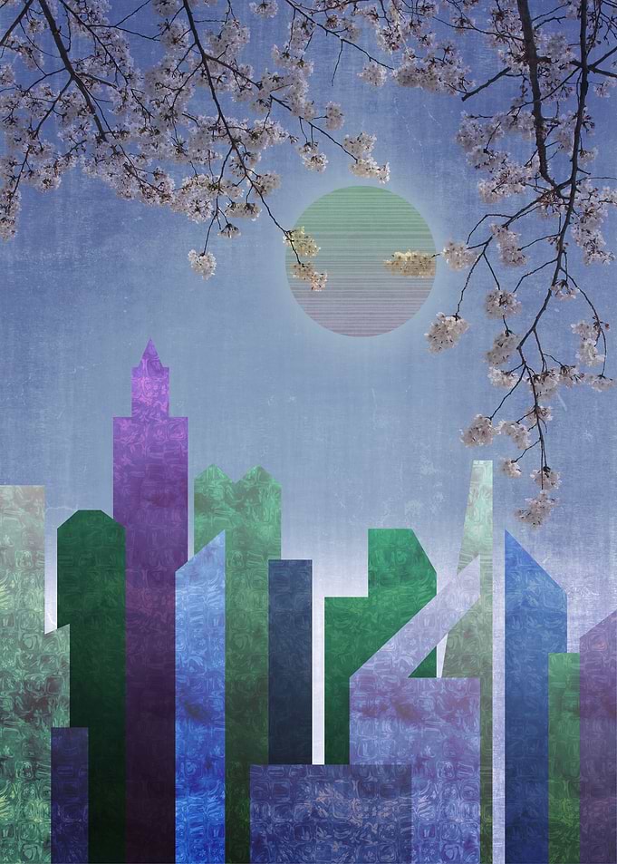Spring Night Sakura Cherry Blossom Geometric City Lands ...