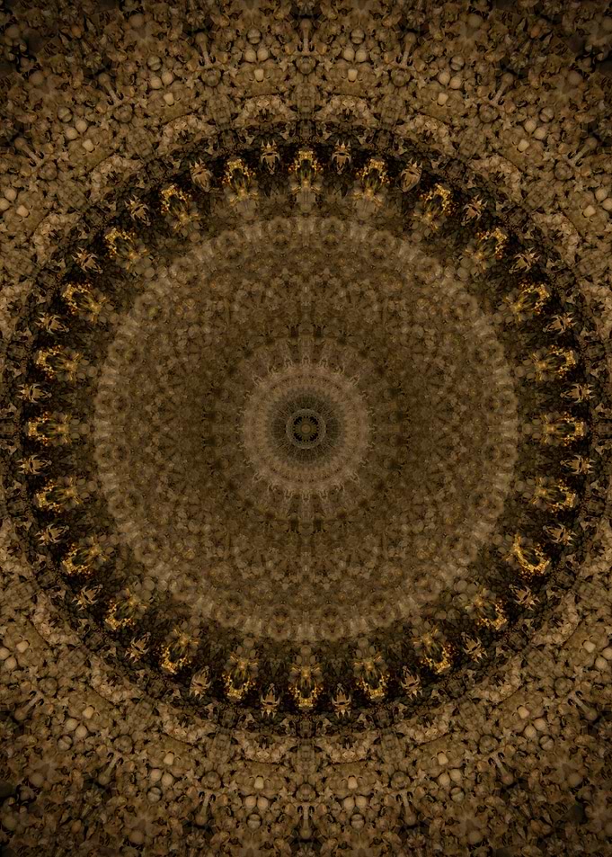 Mandala in brown and golden tones with bone motiff.