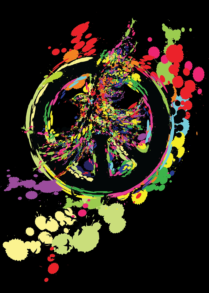 flying birds with peace symbol sing with colors splashe ...