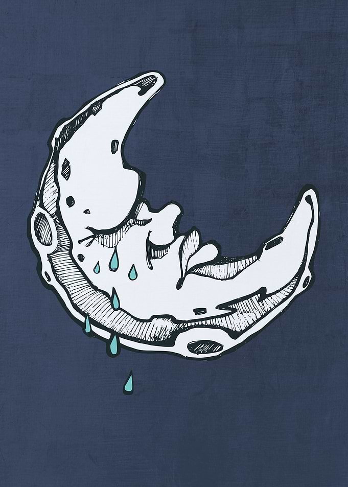 Hand drawn illustration or drawing of a crying moon