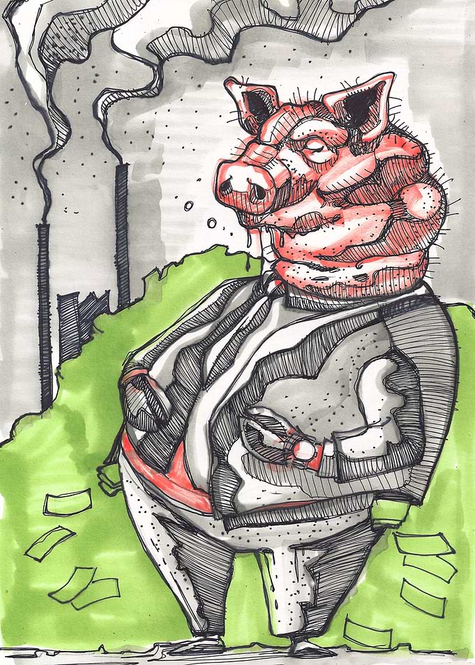 Hand drawn illustration or drawing of a pig with suit a ...