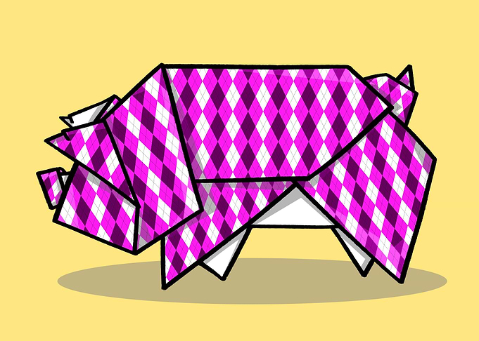 An illustration of a cute origami pig. The pig is folde ...