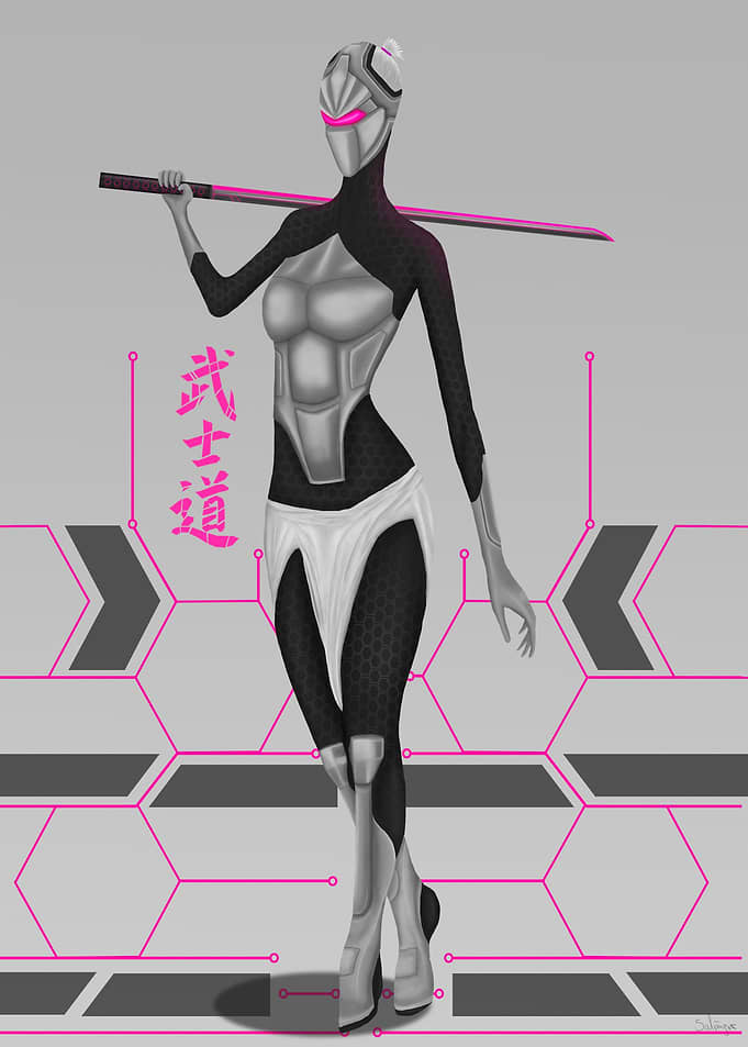Female cyberpunk samurai.