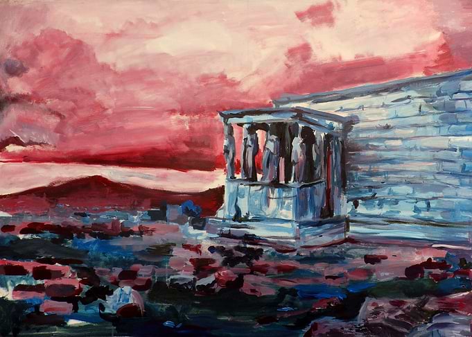 An acrylic painting of the Erechtheion's caryatid porch ...