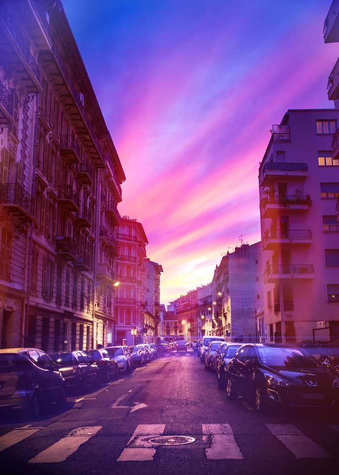 The sun sets on Nice, France