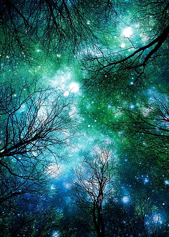 Mysterious teal & green nebulous space behind stark bla ...