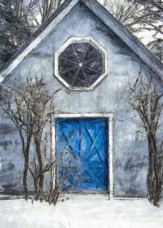 A mysterious house in the woods with a blue door colore ...