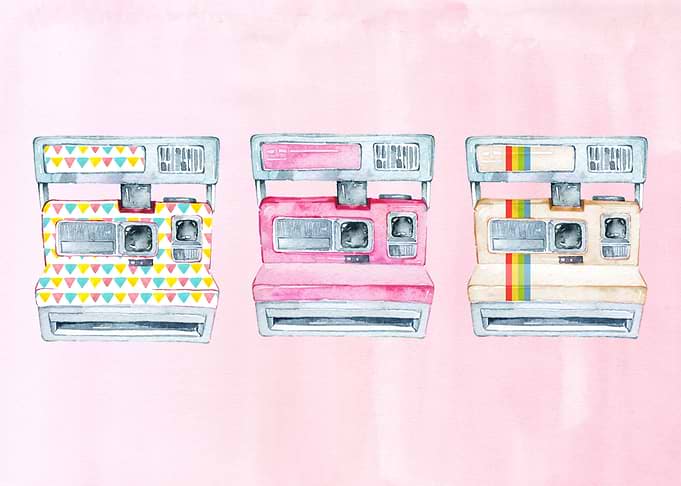 3 polaroid cameras in pink background in watercolor.