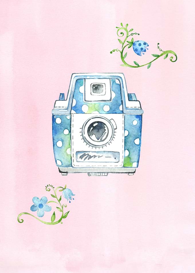 A blue vintage camera in watercolour with white dots an ...