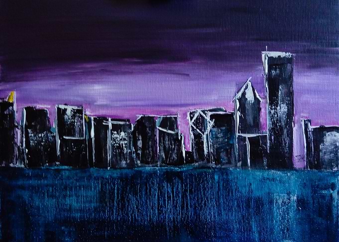 Chicago skyline, frosty sunrise. The original acrylic p ...
