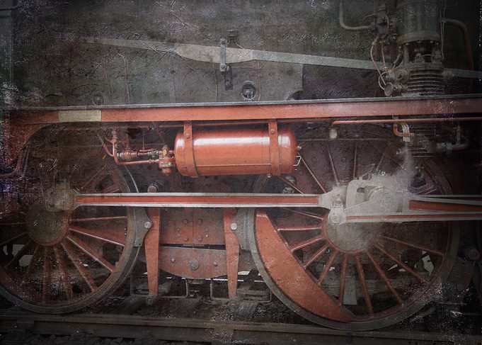 The wheel of the oldtimer locomotive. Closeup view of a ...